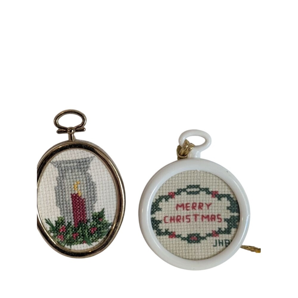 Vtg Cross‎ Stitch Christmas Ornaments 3.5 Holiday Decor Grannycore hoops candle"